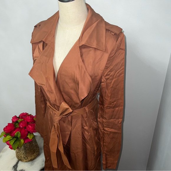 Badgley Mischka Faux Leather Trim Cedar Color Long Trench Coat - Duplicate - Picture 8 of 16